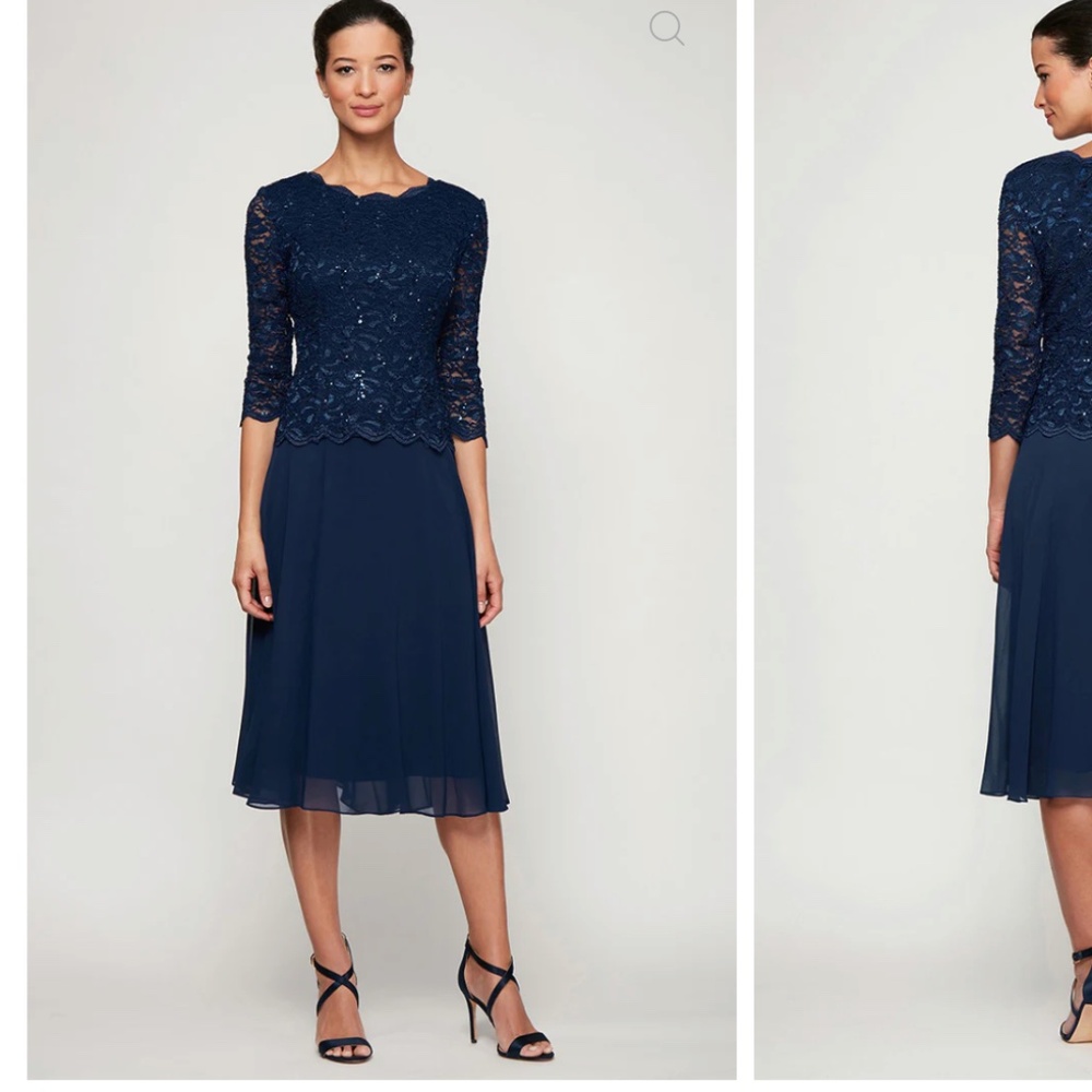 Alex Evenings Bella Sequin Lace Dress - Navy Blue - Size 10